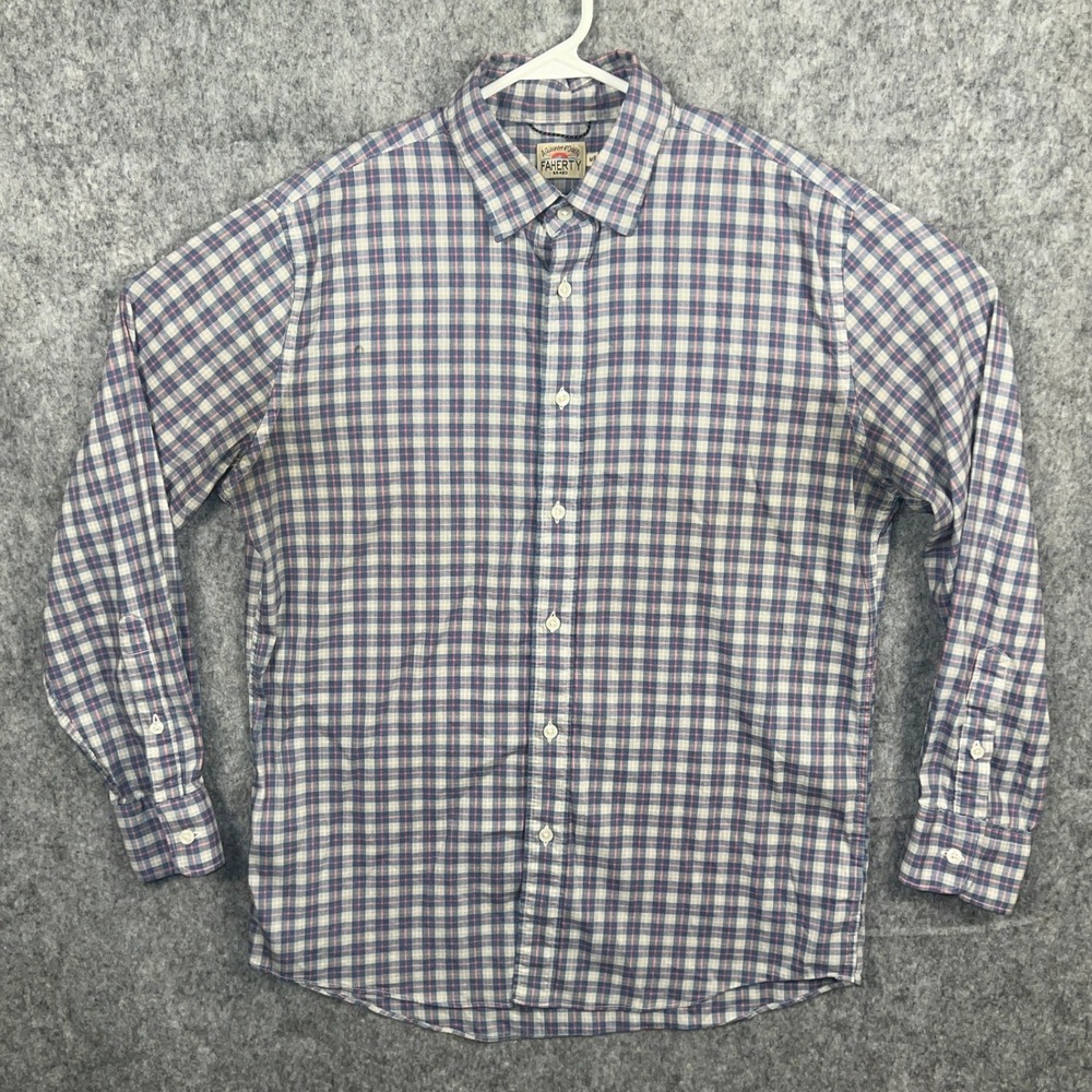 Faherty Brand Men's Plaid Button Down Shirt Blue Pink Supima Cotton Blend Medium